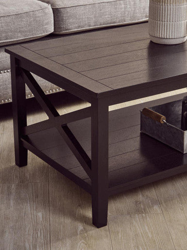 Black Wooden Coffee Table with Lower Shelf and X Frame Side Panels, Heritage