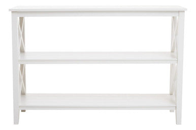 White console table with a minimalist design on a white background