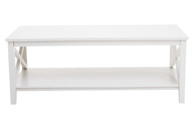 White coffee table with a shelf on a white background