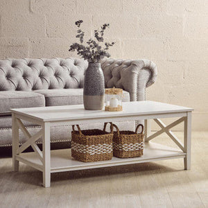 White Wooden Rectangular Coffee Table with Lower Shelf and X Frame Side Panels, Heritage
