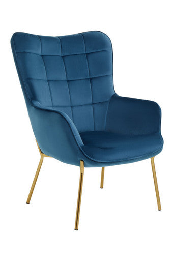 Blue upholstered chair with gold legs on a white background
