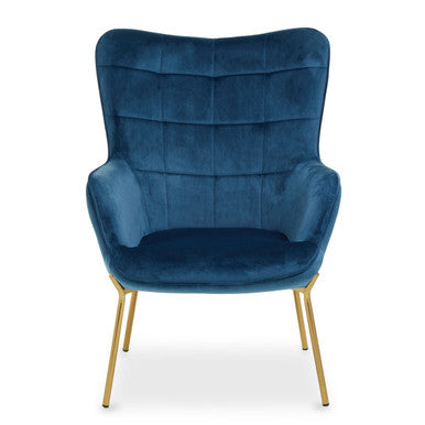 Blue velvet chair with gold legs on a white background
