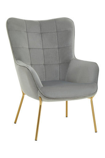 Gray upholstered chair with gold legs on a white background