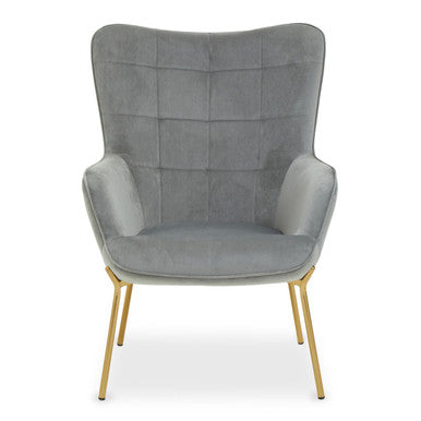 Gray upholstered chair with gold legs on a white background