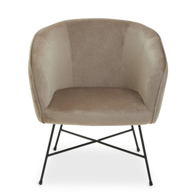 Beige armchair with black metal legs on a white background