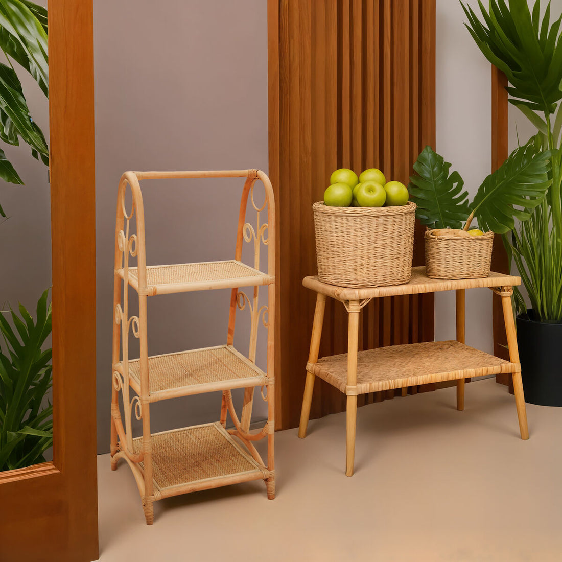 Wicker shelves with a basket of apples against a neutral background