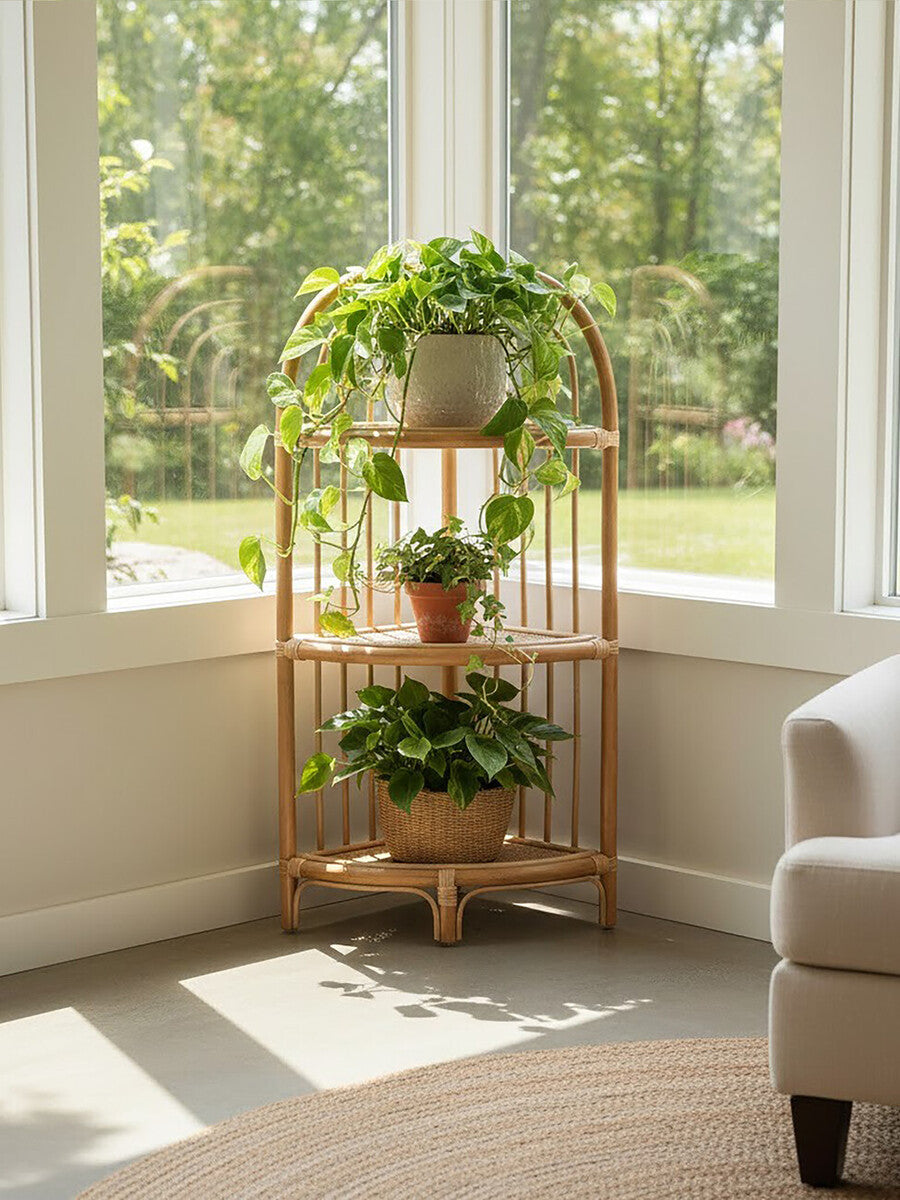 Mataram Three Tier Natural Rattan Corner Shelf Unit