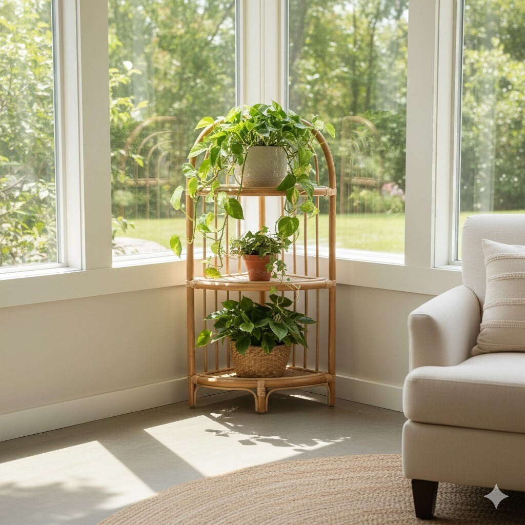 Mataram Three Tier Natural Rattan Corner Shelf Unit