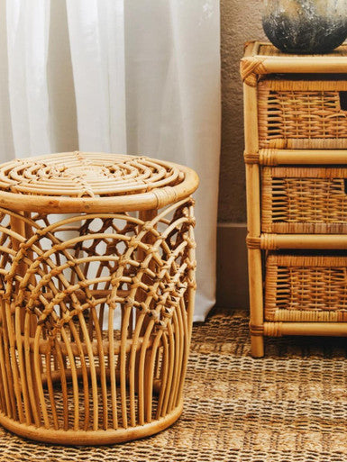 Natural Rattan Side Table with Cutout Arched Pattern, Mataram