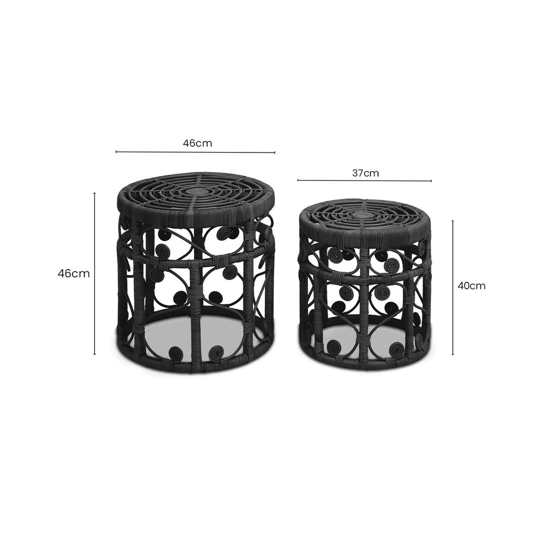 Black Natural Rattan Set of Two Nesting Tables with Tight Weave Top and Scrolled Base, Mataram