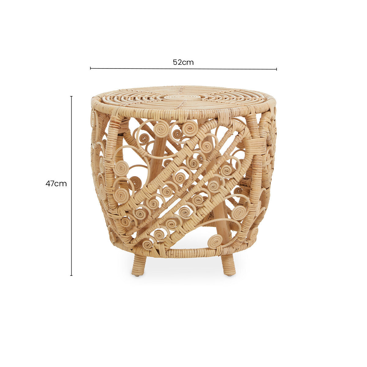 Large Natural Rattan Side Table with Tight Weave and Scrolled Detail, Mataram