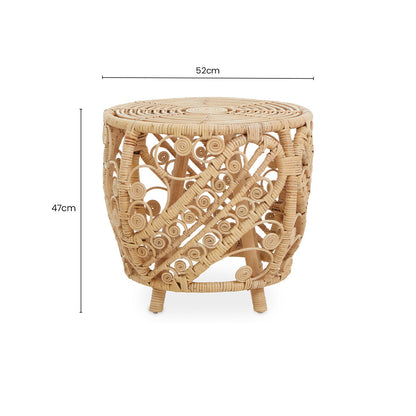Large Natural Rattan Side Table with Tight Weave and Scrolled Detail, Mataram