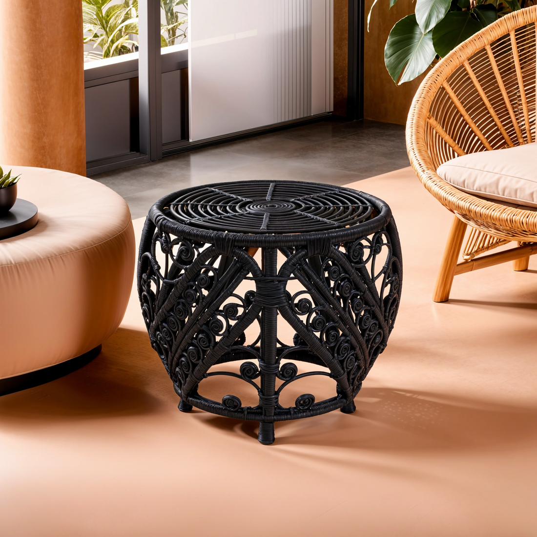 Mataram Black Natural Rattan Side Table