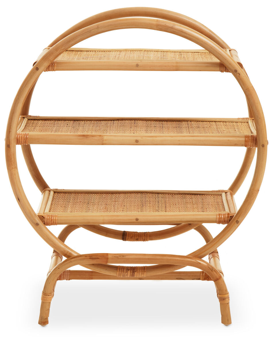 Round rattan shelf with multiple tiers on a white background