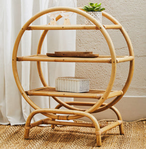 Mataram Three Tier Natural Rattan Round Shelf Unit