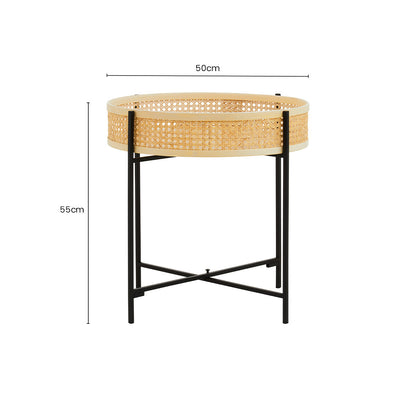 Natural Rattan Round Top Side Table with Black Metal Cross Base Legs | Depok