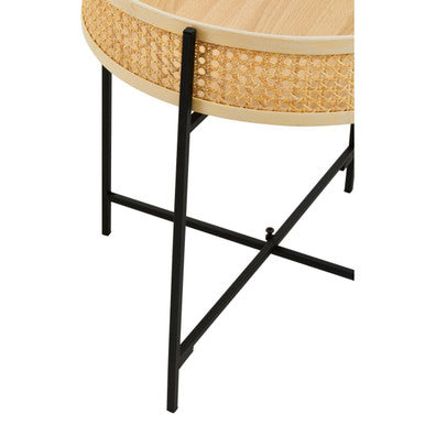 Natural Rattan Round Top Side Table with Black Metal Cross Base Legs, Depok