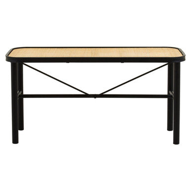 Rectangular table with black metal frame and wooden top on a white background