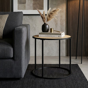 Depok Natural Rattan and Black Finish Metal Round Side Table