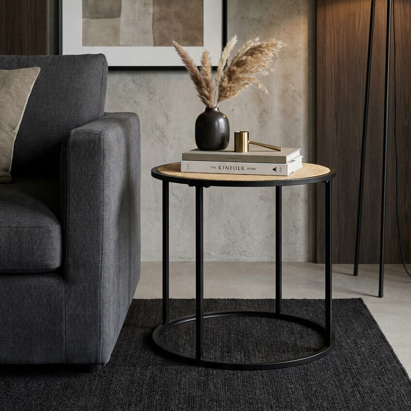 Natural Rattan Round Top Side Table with Black Metal Base | Depok