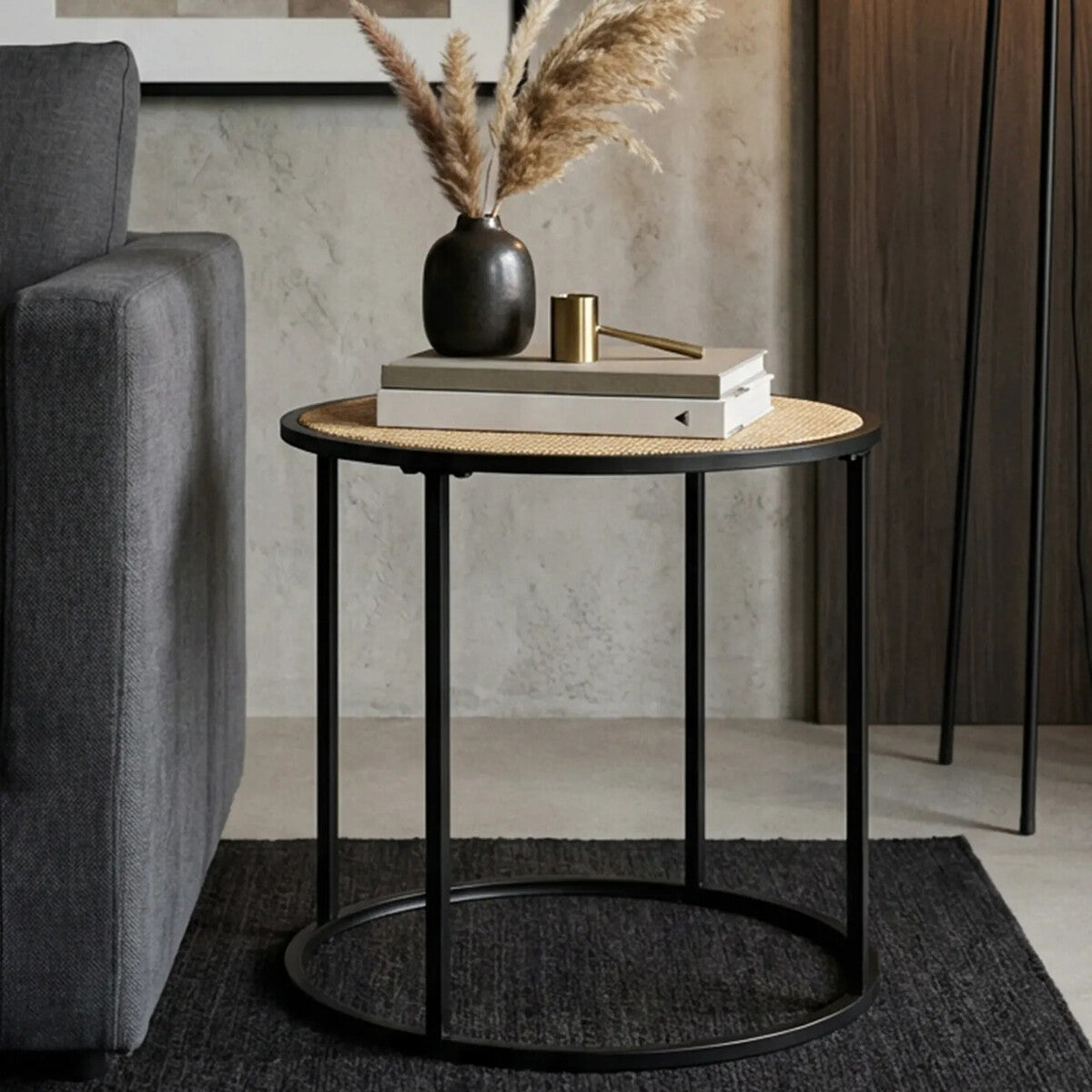 Natural Rattan Round Top Side Table with Black Metal Base | Depok