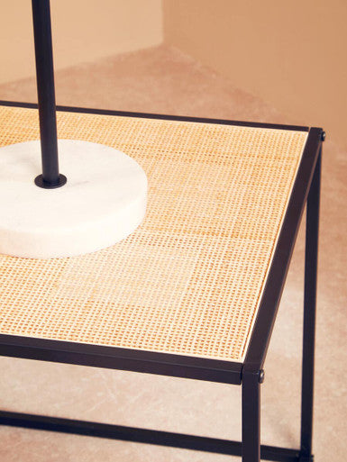 Natural Rattan Top Side Table with Black Metal Square Base, Depok