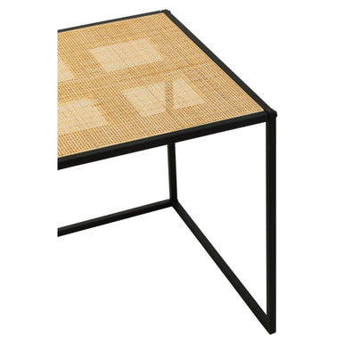 Natural Rattan Top Side Table with Black Metal Square Base, Depok