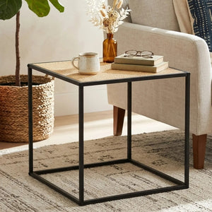 Depok Natural Rattan and Black Finish Metal Square Side Table