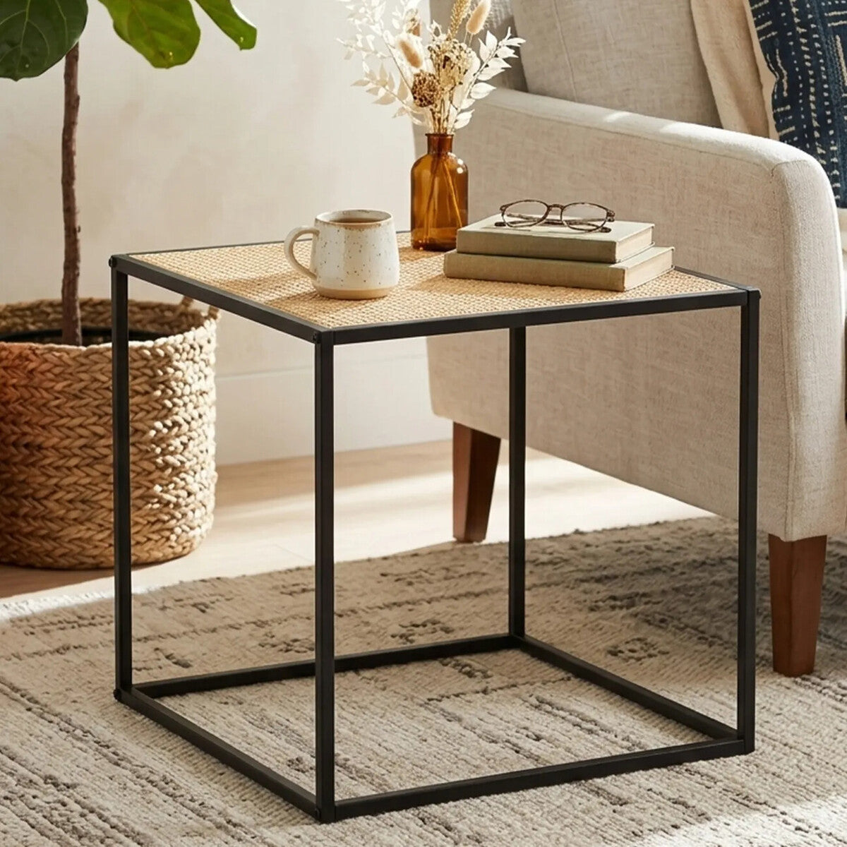 Natural Rattan Top Side Table with Black Metal Square Base | Depok