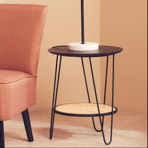Depok Natural Rattan and Black Finish Metal 2 Tier Side Table
