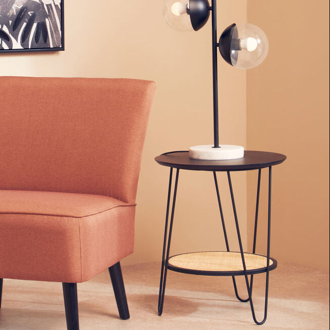 Natural Rattan Top Side Table with Lower Shelf and Black Metal Hairpin Legs, Depok