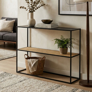 Black Metal Frame 2-Tier Console Table with Natural Rattan Shelving, Depok