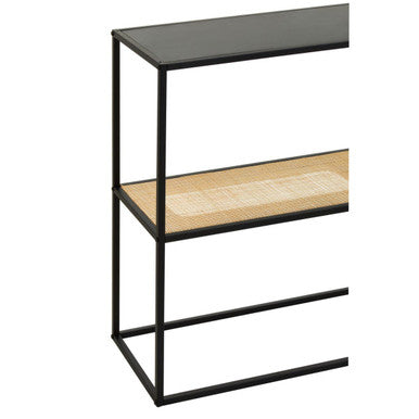 Black Metal Frame 2-Tier Console Table with Natural Rattan Shelving, Depok