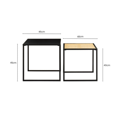 Black Metal and Rattan Top Nest of 2 Tables with Square Frames, Depok