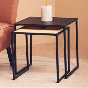 Black Metal and Rattan Top Nest of 2 Tables with Square Frames, Depok
