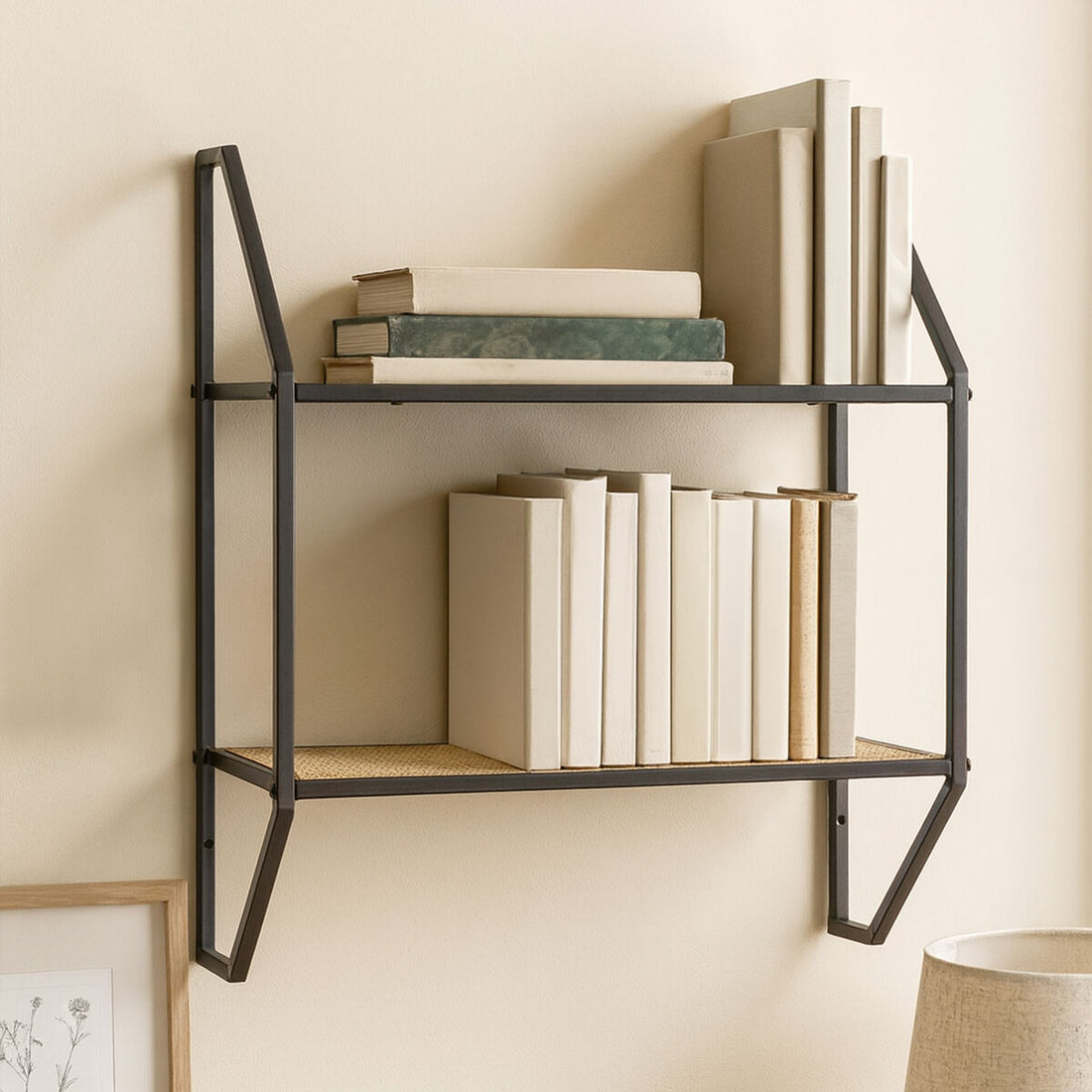 Depok Two Tier Rattan And Metal Wall Shelf