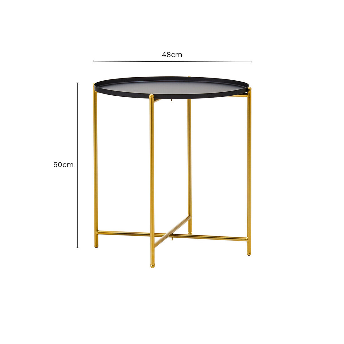 Black Tray Top Round Side Table with Gold Finish Iron Stand, Trosa