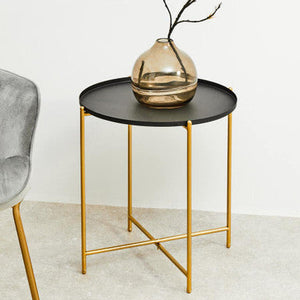 Black Tray Top Round Side Table with Gold Finish Iron Stand, Trosa