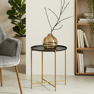 Black Tray Top Round Side Table with Gold Finish Iron Stand, Trosa