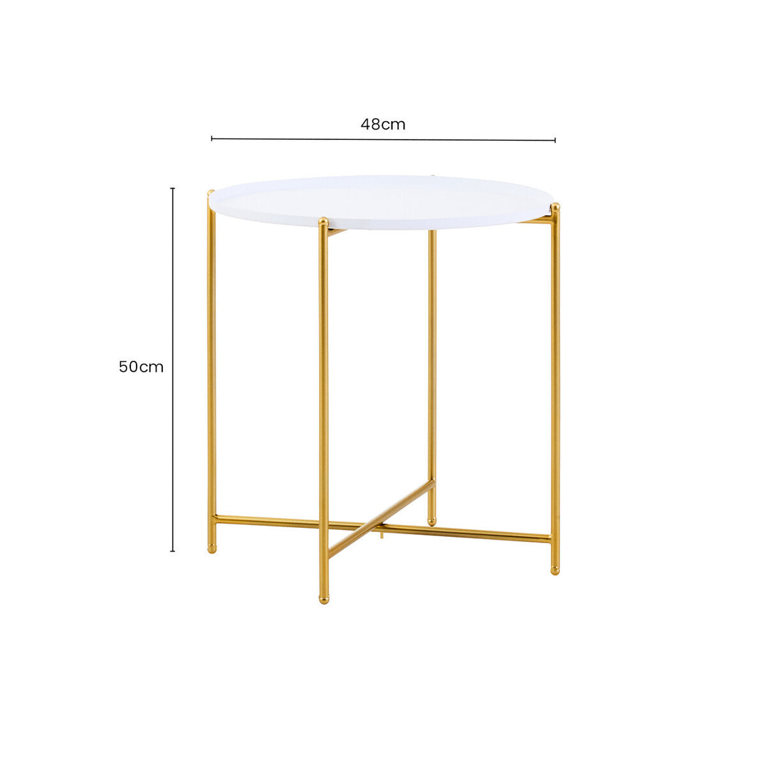 White Tray Top Round Side Table with Gold Finish Criss Cross Base, Trosa