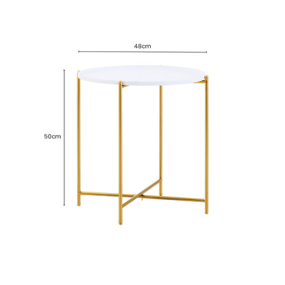 White Tray Top Round Side Table with Gold Finish Criss Cross Base | Trosa