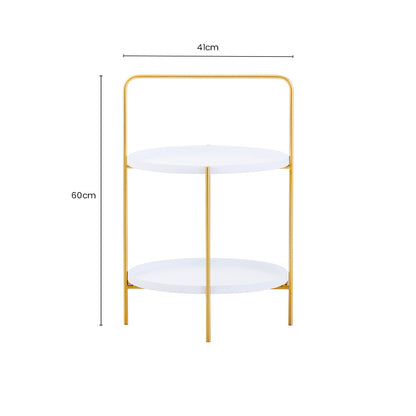White Rounded Shelves Two-Tier Side Table with Gold Iron Stand, Trosa