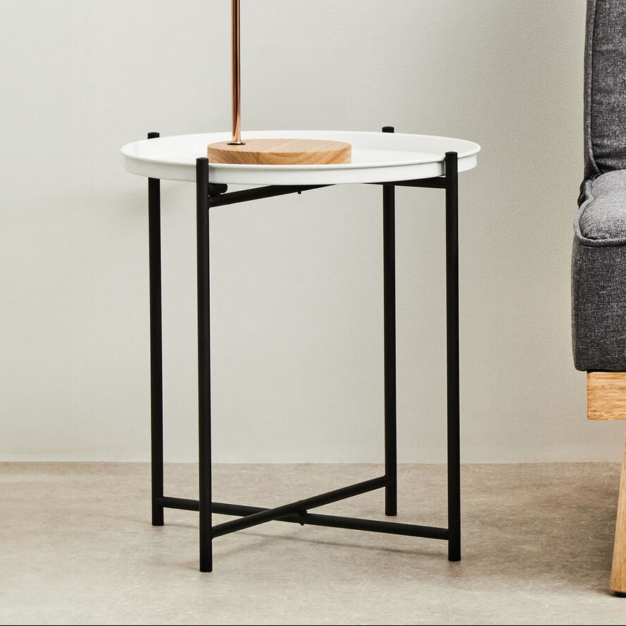 Round White Top Side Table with Black Iron Lattice Base, Trosa