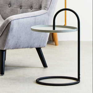 Grey Round Top Side Table with Black Finish Iron Hanging Frame, Trosa
