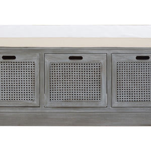 Heritage Grey Wash Wooden and Rattan 3 Drawer Storage Bench with Cushion
