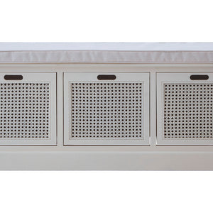 Heritage White Wooden and Rattan 3 Drawer Storage Bench with Cushion