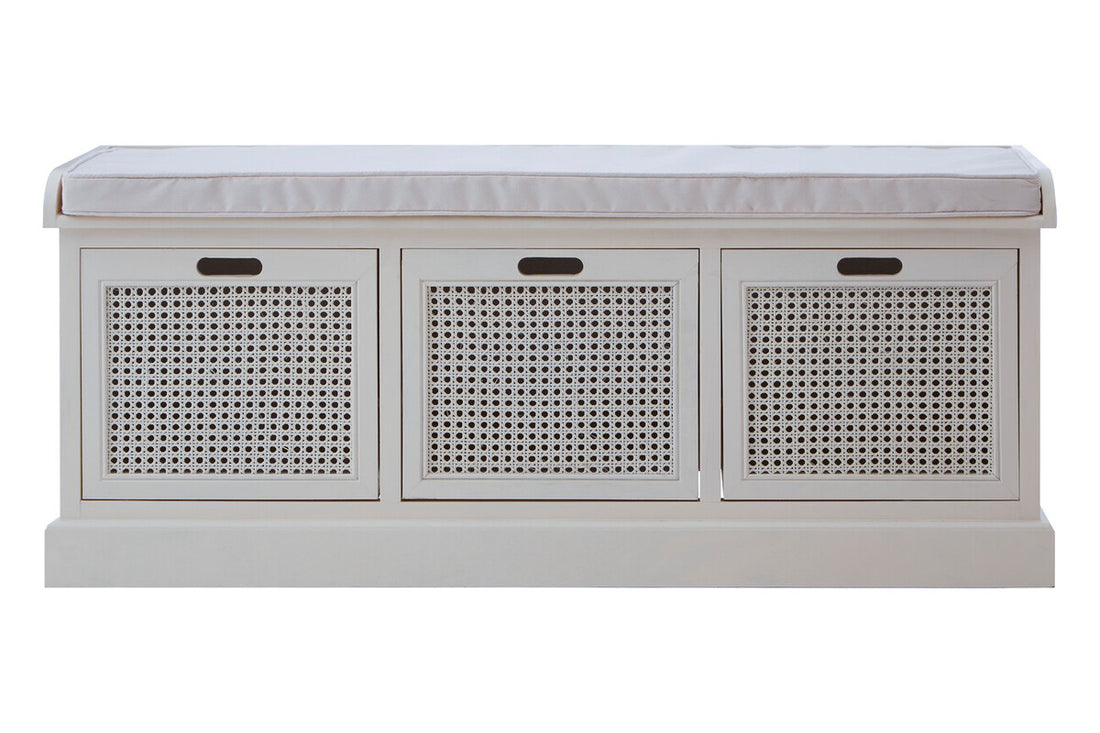Heritage Antique White Three Drawer Storage Bench with Cushion