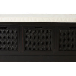 Heritage Black Wooden and Rattan 3 Drawer Storage Bench with Cushion