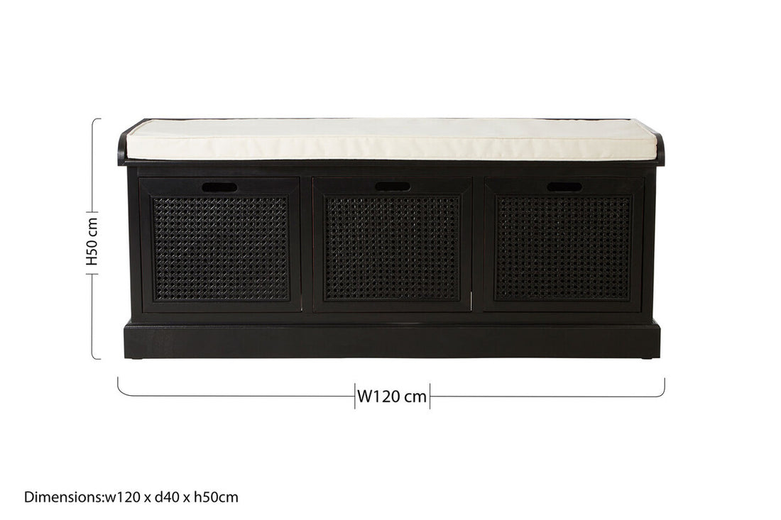Heritage Black Three Drawer Storage Bench with Cushion - Image 7