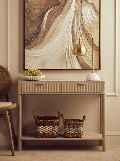 Taupe 2 Drawer Reed Detail  Wooden Console Table, Heritage